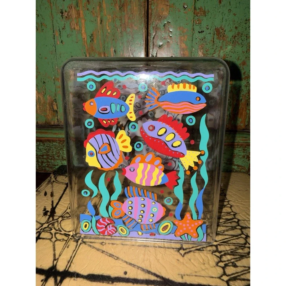 Vintage 1980's Clear Plastic Kleenex Holder Colorful Fish Coastal